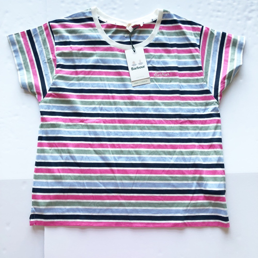 Barbour Shirt Womens 10 Evergreen Top Multi Color Stripe Short Sleeve Cotton NWT